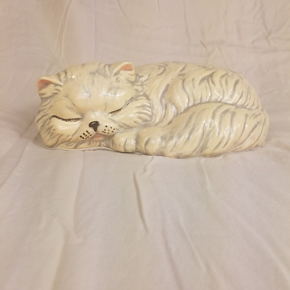 Vintage Ceramic Sleeping Cat Figurine Cream Grey Tabby Glazed Felt Bottom 9.5in